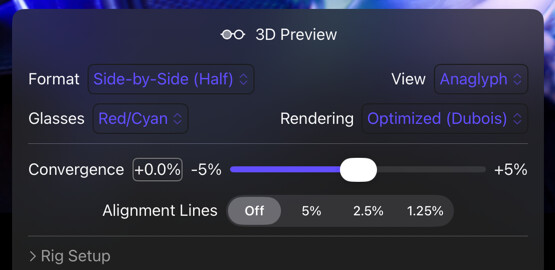3D Preview options for source format, viewing mode, glasses, convergence, and alignment