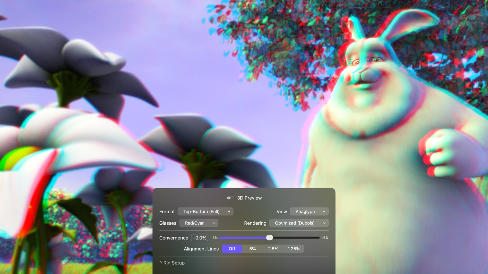 Top-bottom stereoscopic footage displayed as a red/cyan anaglyph