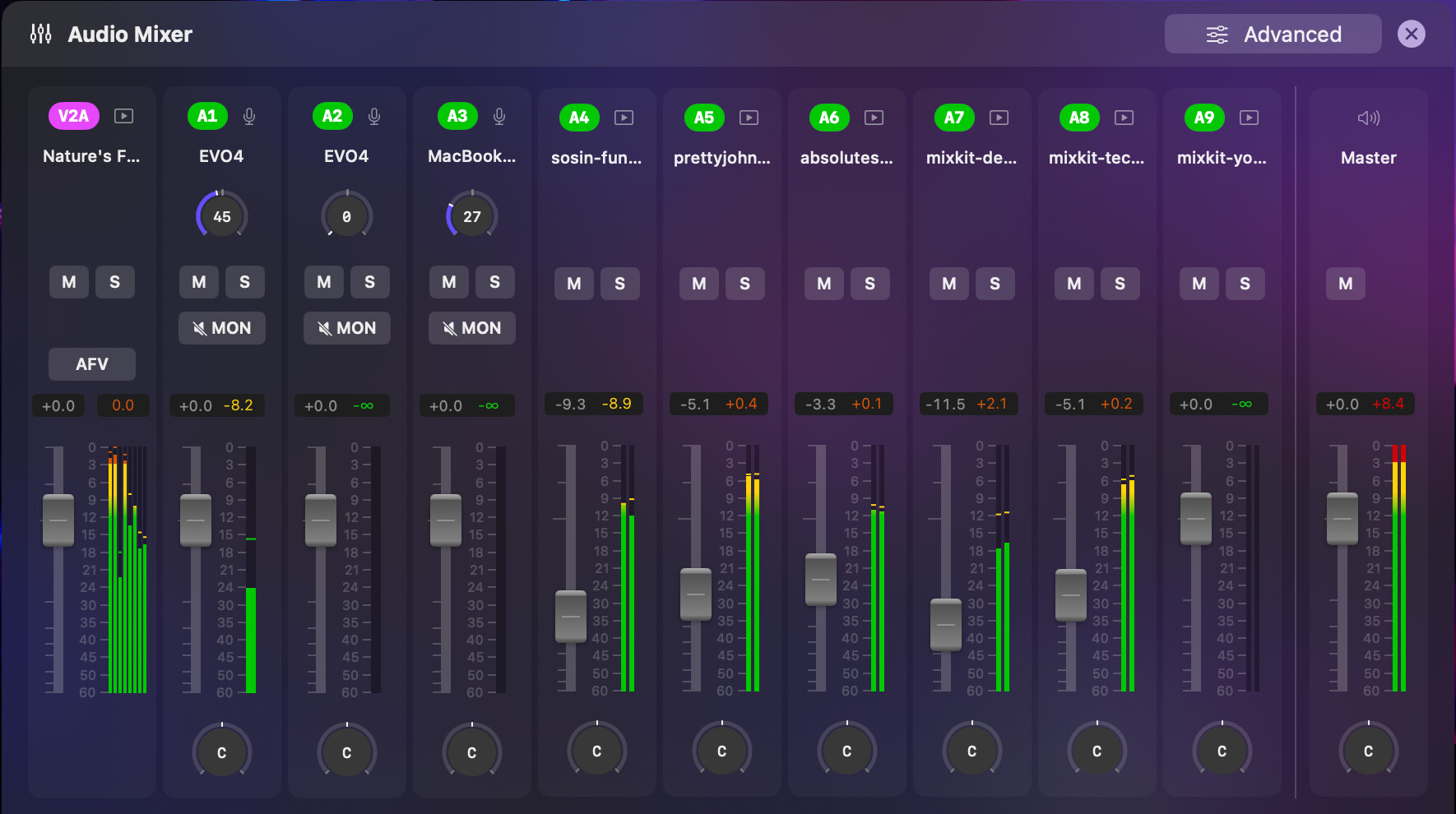 Audio Mixer on Mac with ten source strips and the Master output