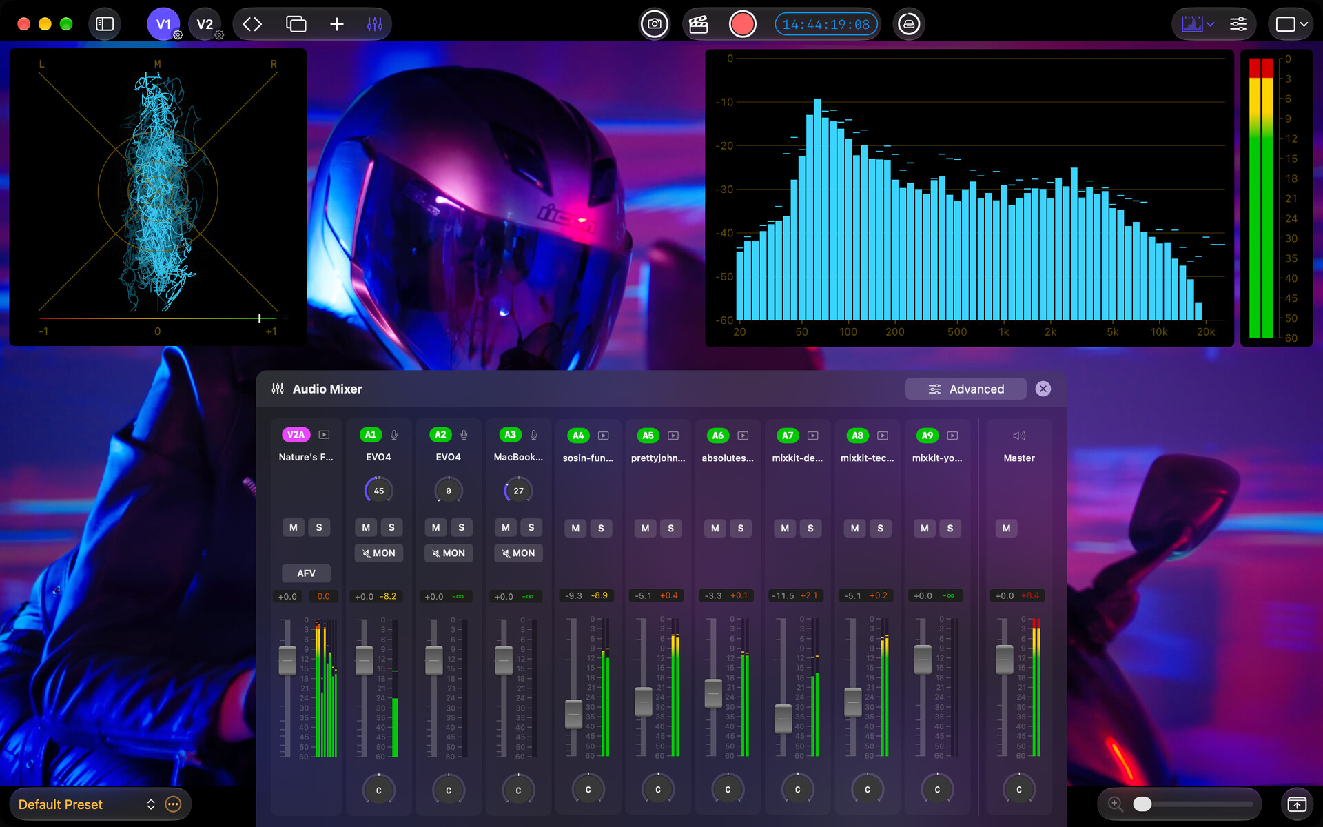 Mac Audio Mixer over the video picture, with a goniometer and spectrum analyzer