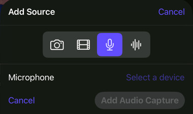 Add Source sheet with Audio Input selected and the Select a device control