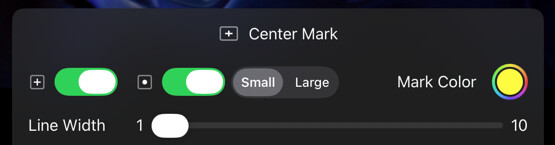 Center Mark options drawer with crosshair, dot, color, and line-width controls