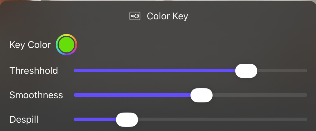 Color Key options drawer with key color, threshold, smoothness, and despill controls