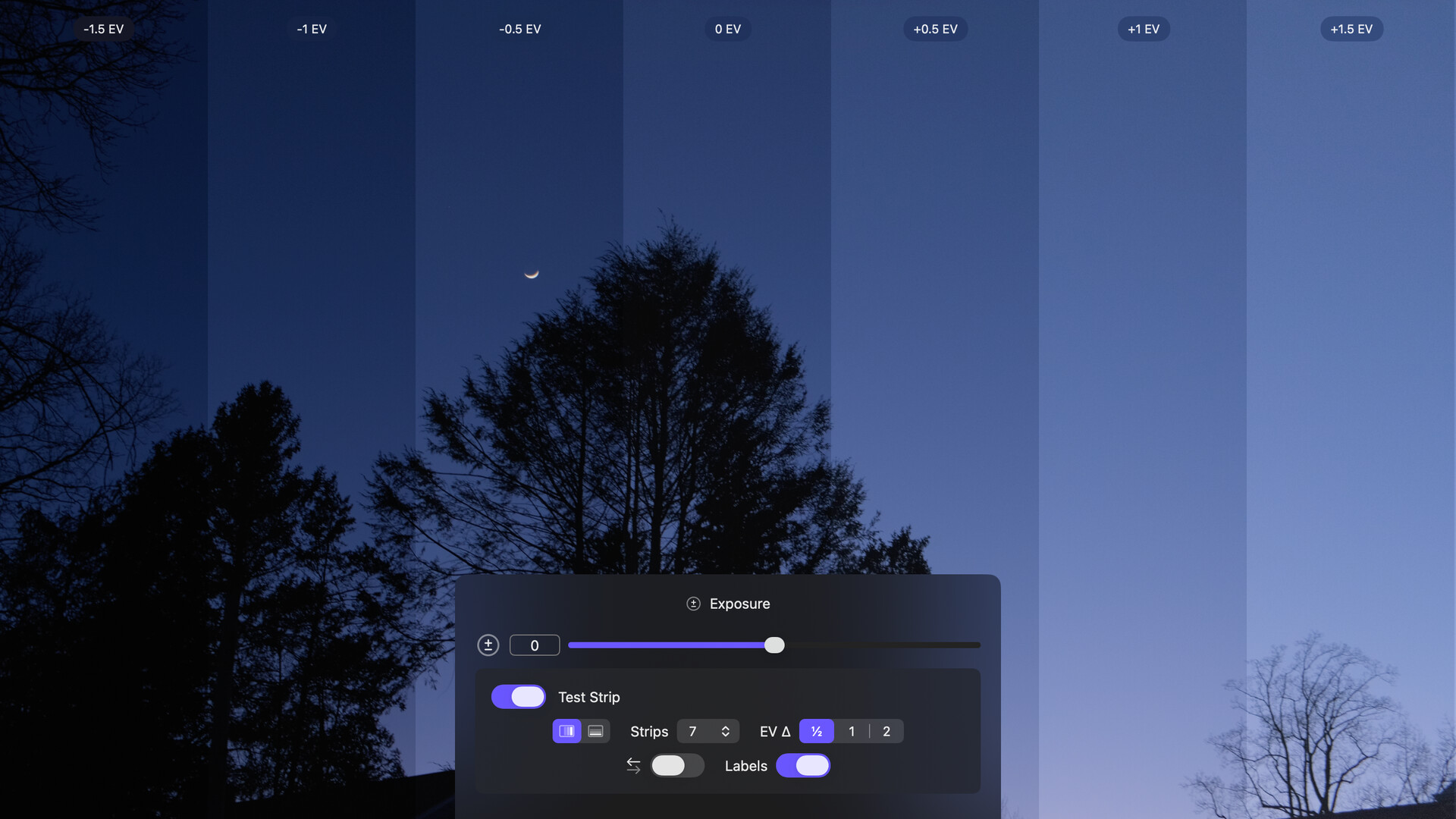 Seven exposure test strips over a twilight sky, with Exposure options visible