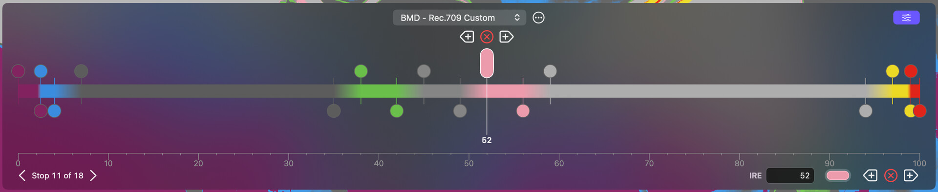 Custom IRE gradient editor with a selected stop and its controls