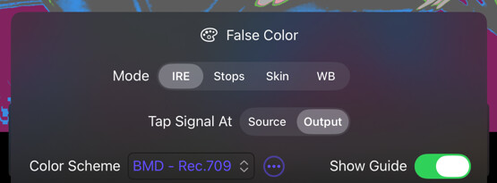 False Color options drawer with modes, signal tap, color scheme, and guide controls