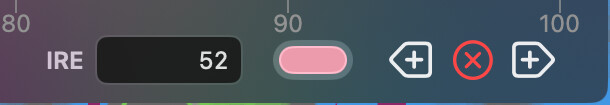 Selected gradient stop with an IRE value, color well, and add and remove buttons