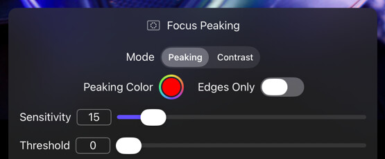 Focus Peaking options for mode, color, sensitivity, and threshold