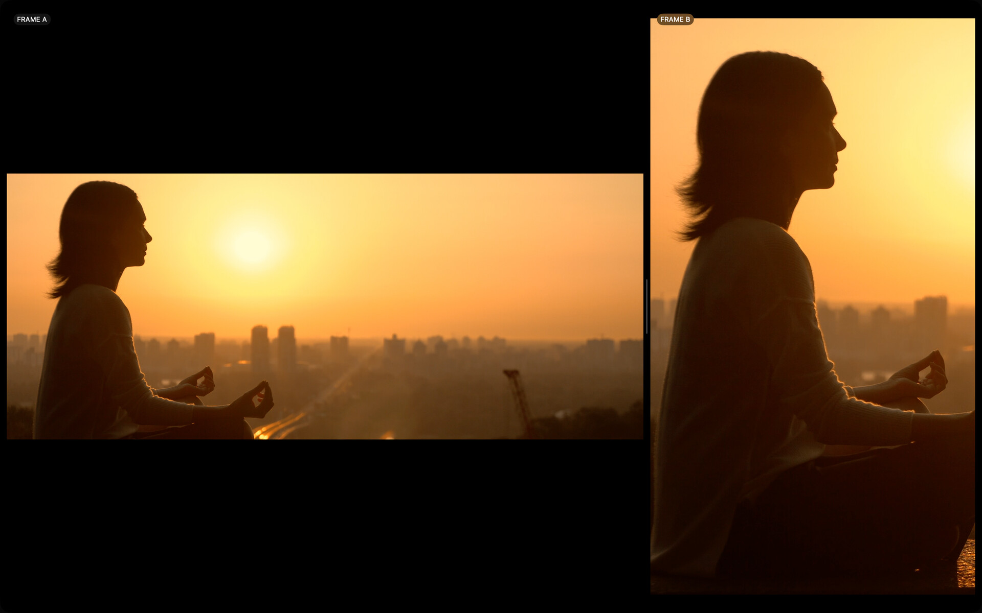 Widescreen Frame A and vertical Frame B crop monitors showing the same source side by side