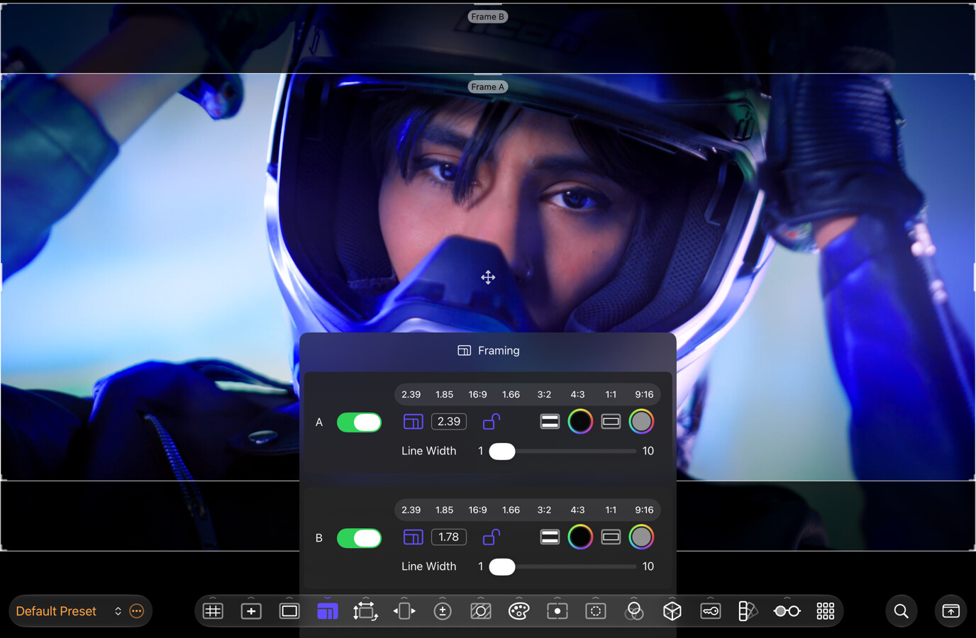 Frame A and Frame B guides with their separate controls