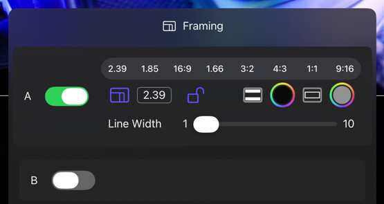 Framing options drawer with separate A and B guide controls