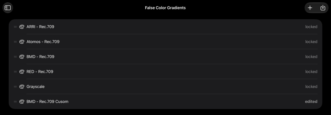 False Color Gradients organizer showing built-in and custom gradients
