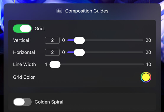 Composition Guides options drawer with Grid controls and the Golden Spiral toggle