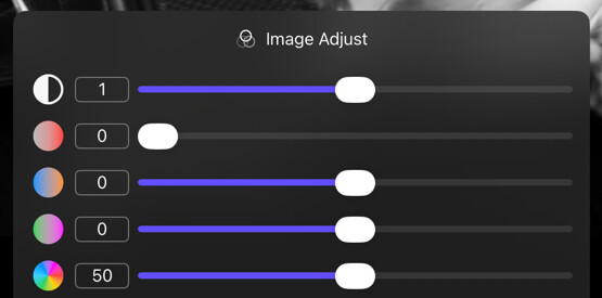 Image Adjust options drawer with five image controls