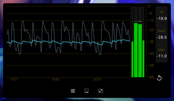 Audio Level Meter with stereo bars, true-peak and RMS readouts, and a scrolling history graph