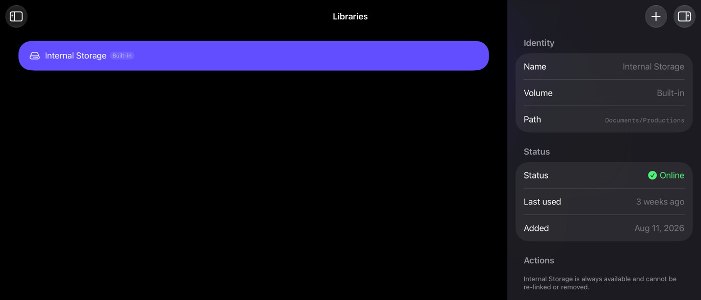 Libraries organizer with Internal Storage selected and its inspector open