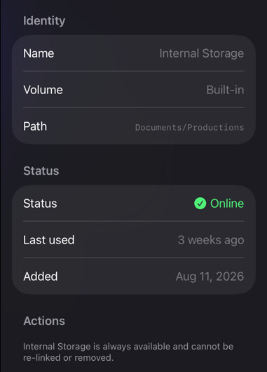 Internal Storage inspector showing its location and online status