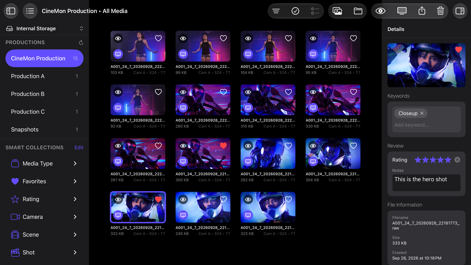 Media Library with productions, captured images, Smart Collections, and a metadata inspector
