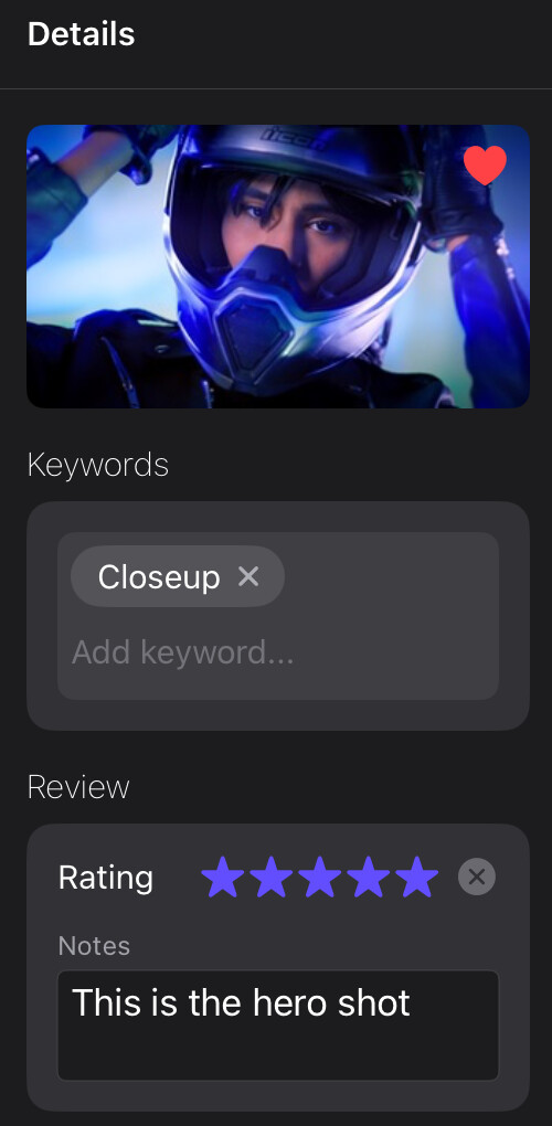 Media inspector showing a Good Take heart, Closeup keyword, five-star rating, and review note