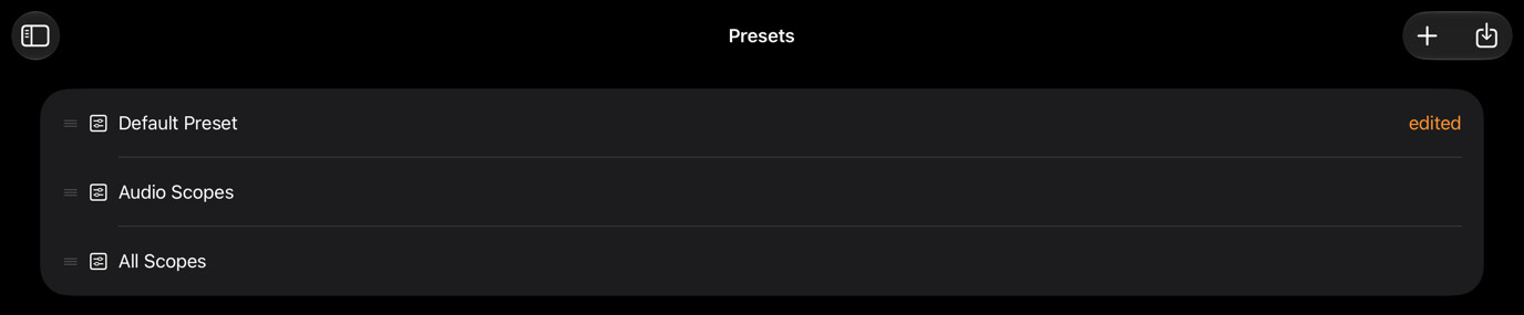 Presets organizer with an orange edited badge beside Default Preset