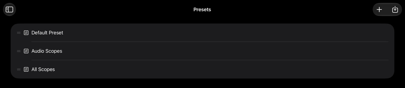Presets organizer with saved presets and add and import controls
