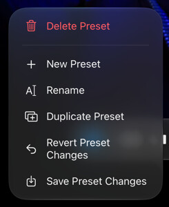 Preset Actions menu with Save Preset Changes and Revert Preset Changes