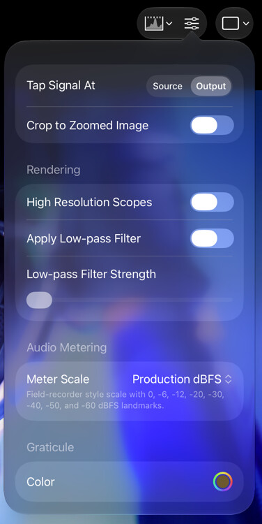 Scope Settings popover with signal, rendering, audio metering, and graticule controls