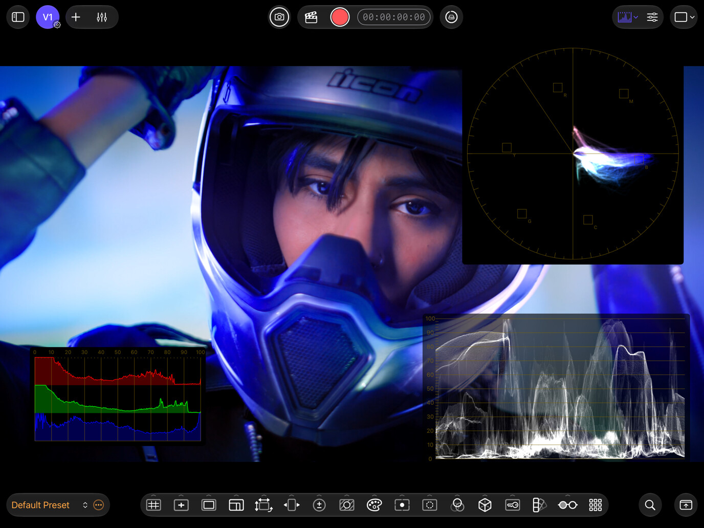 Video picture with floating Histogram, Waveform Monitor, and Vectorscope windows