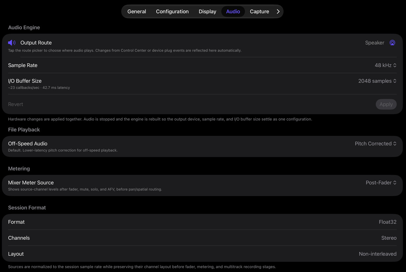 Audio settings for output, sample rate, buffering, and metering