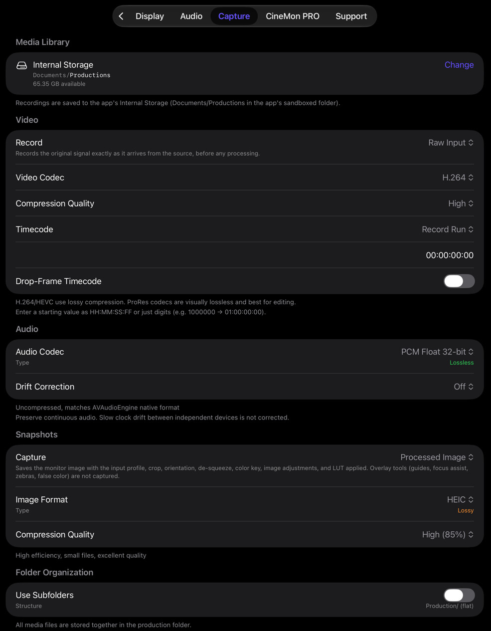 Capture settings for the media destination, video, timecode, and audio