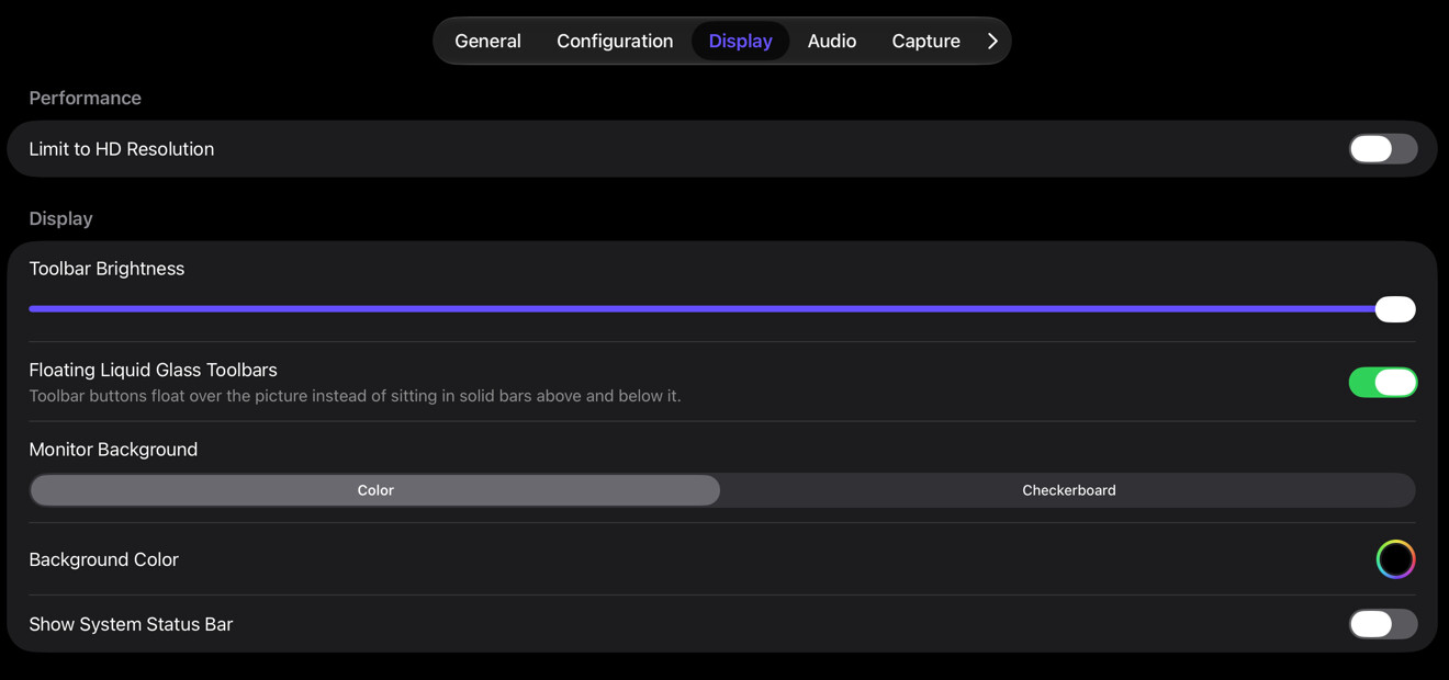 Display settings for performance, toolbars, and monitor background