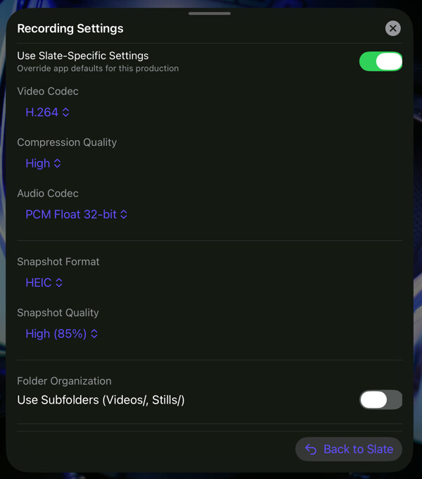 Slate-specific recording settings with video and audio codecs, snapshot format, and folder controls