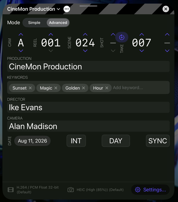 Advanced slate with camera, reel, scene, take, keywords, and production metadata