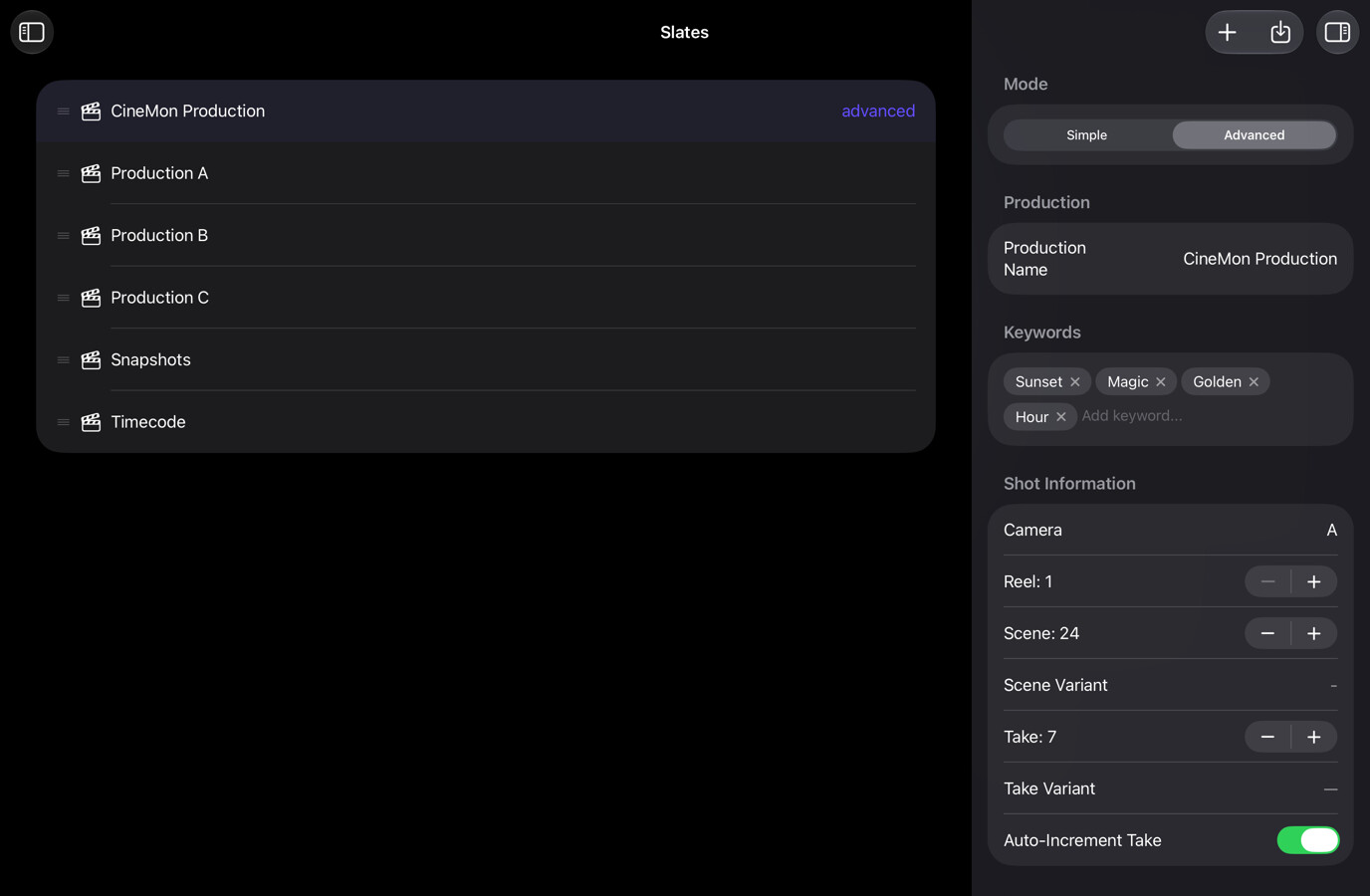 Slates organizer with saved slates and the selected slate's metadata inspector