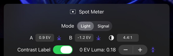 Spot Meter Light mode options for A and B readings, contrast, and middle-gray reference