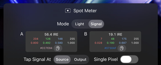 Spot Meter Signal mode with A and B RGBA and IRE readouts