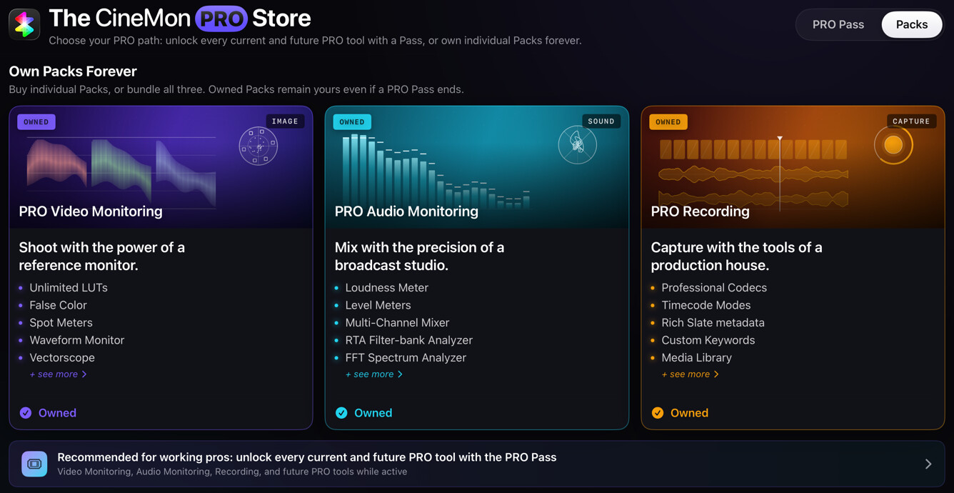 CineMon Store with Video Monitoring, Audio Monitoring, and Recording Packs, and a PRO Pass tab