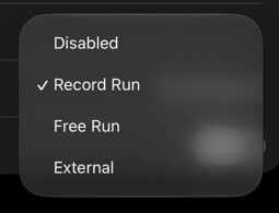 Timecode mode picker with Disabled, Record Run, Free Run, and External