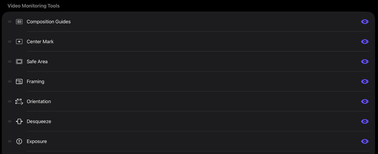 Video Monitoring Tools category with drag handles and visibility controls
