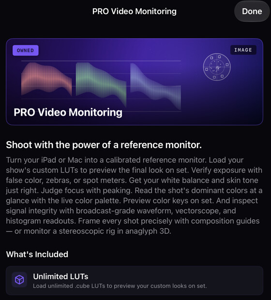 PRO Video Monitoring information sheet in the Store