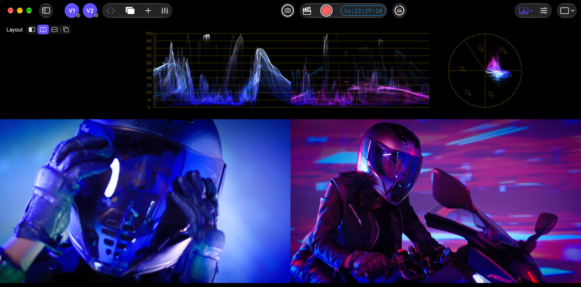 Two video sources in Side by Side Reference Mode with video scopes
