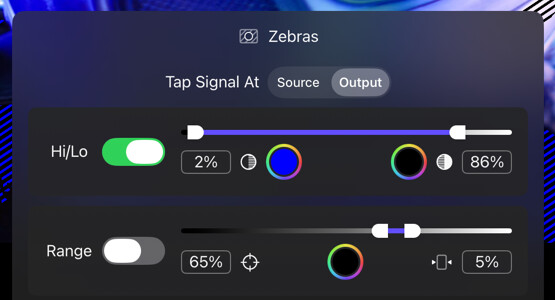 Zebras options for signal tap, Hi/Lo thresholds, and Range mode
