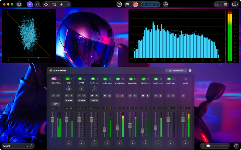 Audio mixer: Multiple sources, channel controls, and the master output in one view.