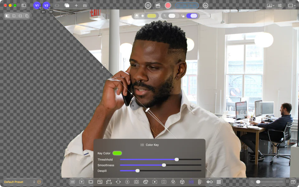 Color Keyer: Inspect a keyed subject against transparency and a reference background.