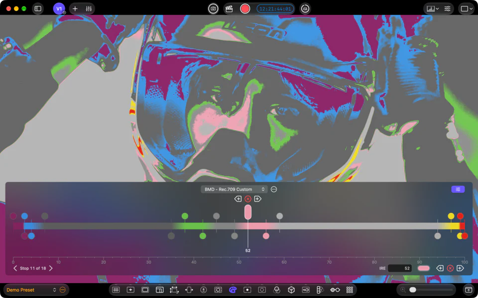 Custom false-color gradients: Set the colors and IRE ranges in your false-color scale.