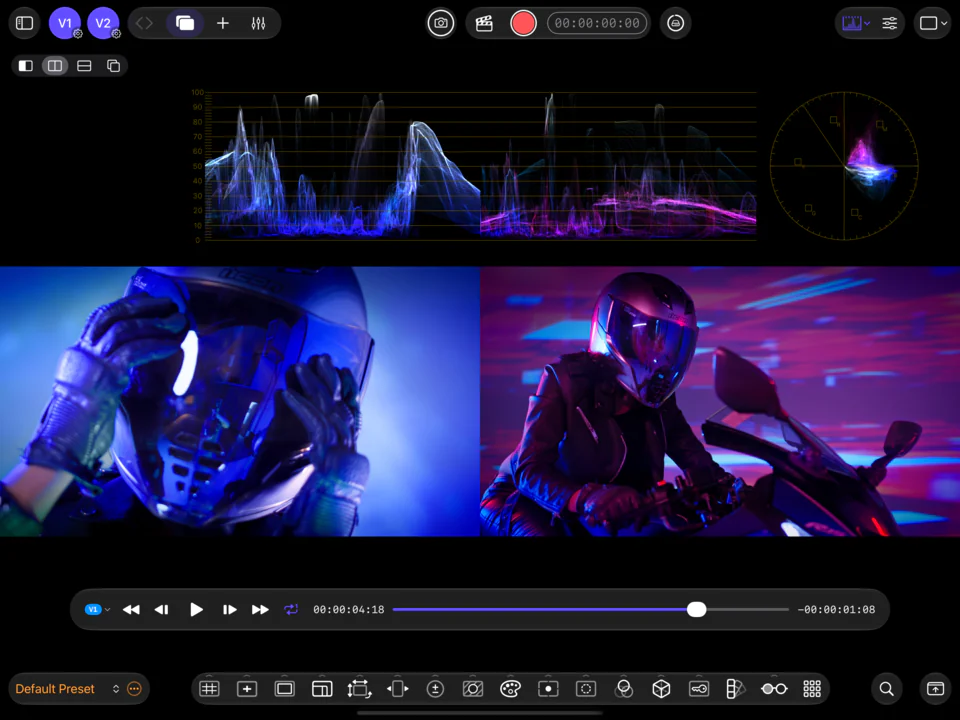CineMon on iPad comparing two live video sources side by side, with waveform and vectorscope