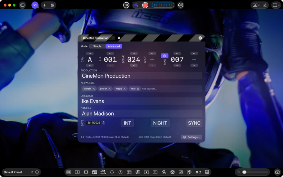Digital slate: Keep production, scene, and take details with each capture.