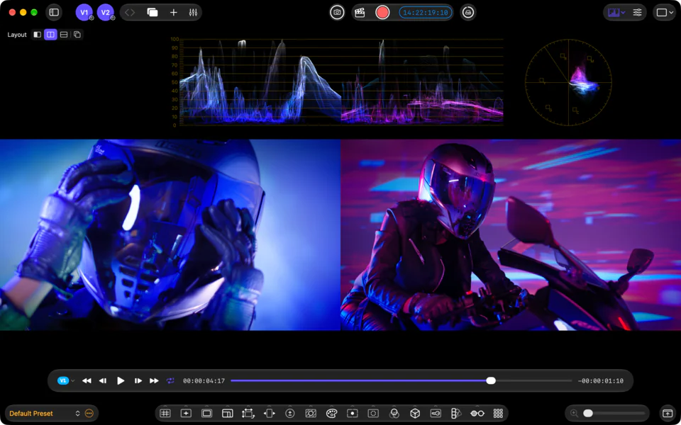Two live video sources: Monitor both live pictures together for camera matching and shot comparison.