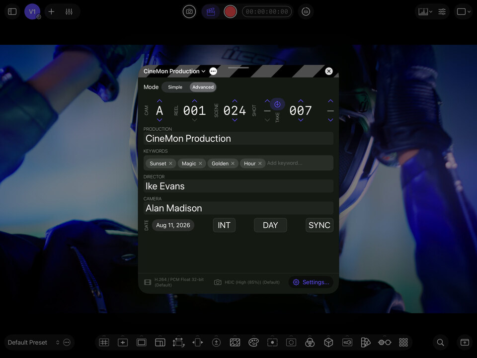 A digital slate groups production, camera, scene, and take information before capture.