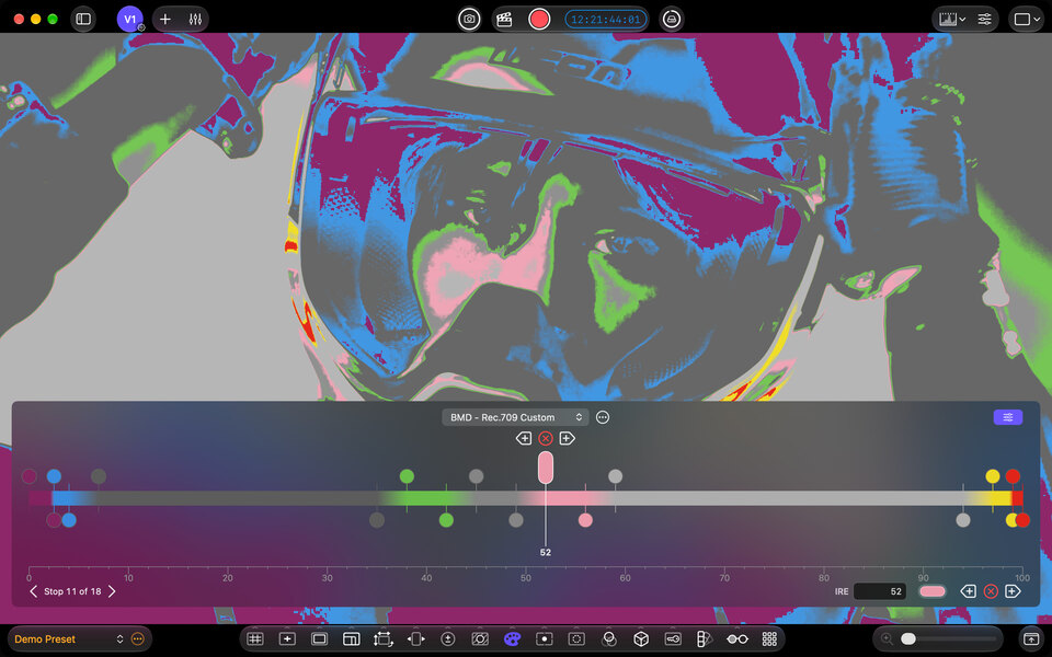 A custom IRE gradient maps image brightness to colors, with controls for editing individual gradient stops.